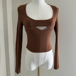 Urban Outfitters | Rust Brown Ribbed Long Sleeve Cutout Sweater Blouse Scoop S